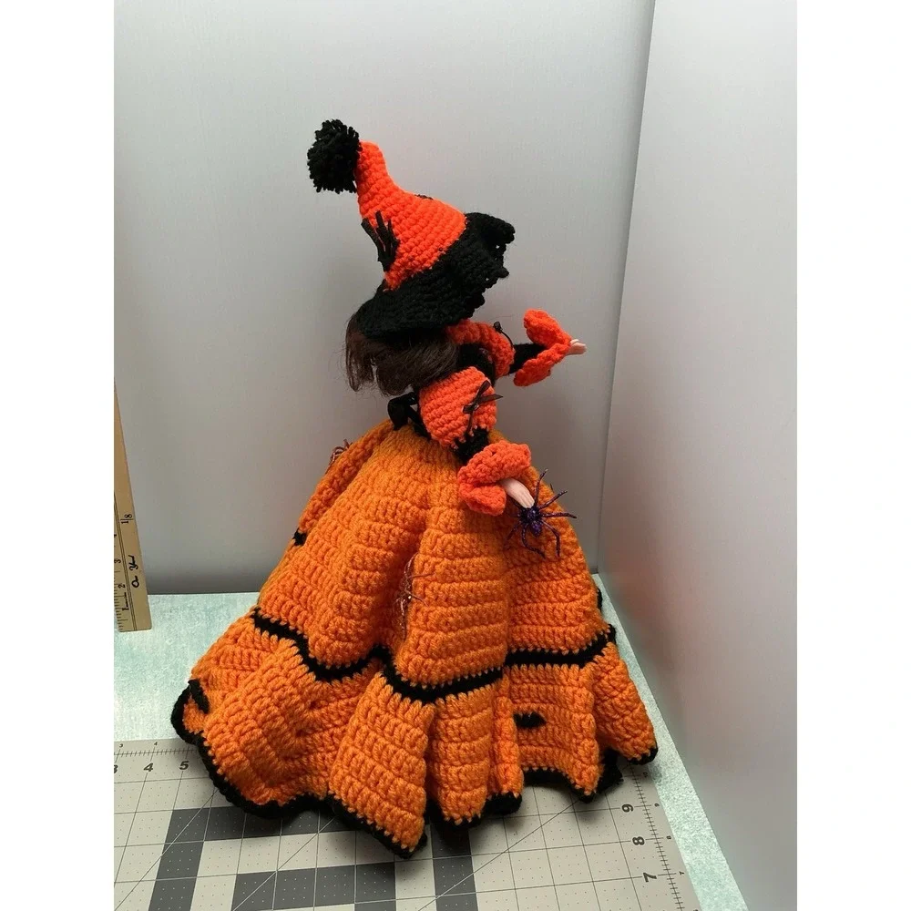 Vtg Halloween  Doll Black Hair Sleepy Eye Crochet Pumpkin Color Dress With Stand